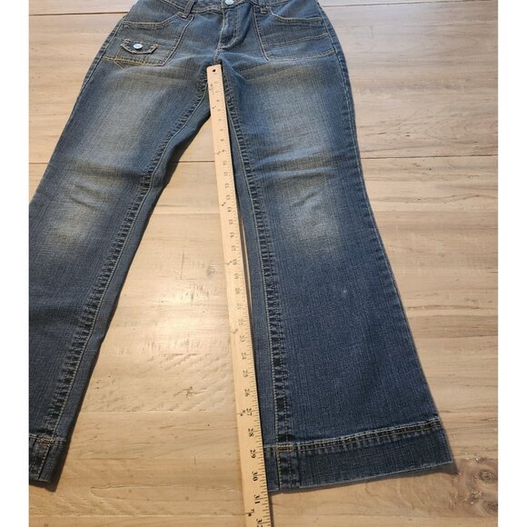 Gitano Flared Jeans Boho Blue Denim Flap Button Pockets Unique Womens 10 EUC - Picture 11 of 12